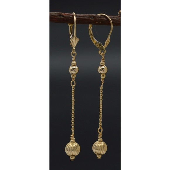 14K Solid Yellow Gold Round Bead Corrugated Dangle Leverback Earrings